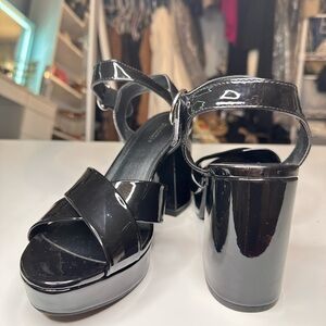 H&M Black Patent Platform Block Heel Sandals